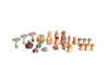 A collection of various wooden toy figures, including mushrooms, acorns, and abstract shapes, arranged in a row on a white background. The toys are painted in muted pastel colors such as green, pink, yellow, and brown, with some featuring simple decorative patterns.

This image showcases a delightful array of wooden toy figures, each uniquely shaped and painted. The variety in shapes and colors adds to the visual charm and highlights the craftsmanship and creativity involved in their design.